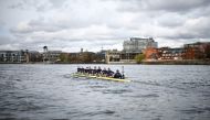 Members of the Oxford rowing team practise in the Thames ahead of The Gemini Boat Race against Cambridge rowing team, in London, on March 27, 2024. The Gemini boat race will take place on March 30, 2024. (Photo by Henry Nicholls / AFP)