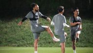 Muaither players in action during a training session yesterday.