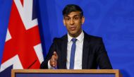 Britain's Prime Minister Rishi Sunak speaks during a press conference, at the Downing Street Briefing Room, in central London, on April 22, 2024 regarding the Britain and Rwanda treaty. (Photo by Toby Melville / Pool / AFP)