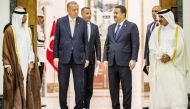 Turkish President H E Recep Tayyip Erdoğan (second left) with Iraqi Prime Minister H E Mohammed Shia’ Al Sudani (second right) and Minister of Transport H E Jassim Saif Ahmed Al Sulaiti (right) at the event.