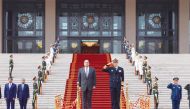 Deputy Prime Minister and Minister of State for Defense Affairs H E Dr. Khalid bin Mohammed Al Attiyah and China's Minister of Defense H E Admiral Dong Jun at the reception ceremony in Beijing.
