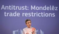 European Commission vice-president Margrethe Vestager addresses a press conference on an antitrust case at the EU headquarters in Brussels, on May 23, 2024. Photo by Kenzo TRIBOUILLARD / AFP