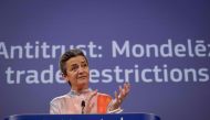 European Commission vice-president Margrethe Vestager addresses a press conference on an antitrust case at the EU headquarters in Brussels, on May 23, 2024. (Photo by Kenzo Tribouillard / AFP)
