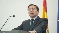 Spanish Minister for Foreign Affairs, European Union and Cooperation, Jose Manuel Albares speaks during a meeting with Palestinian Prime Minister at the Permanent Representation of Spain to the European Union in Brussels, on May 26, 2024. Photo by Simon Wohlfahrt / AFP.