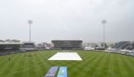 Rain interrupted play during the ICC Men's T20 CWC group B match between England and Scotland at Kensington Oval, Bridgetown, Barbados, on June 4, 2024. (Photo by Randy Brooks / AFP)