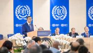 Minister of Labour H E Dr. Ali bin Samaikh Al Marri addressing International Labour Conference in Geneva.
