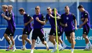Germany's defender #06 Joshua Kimmich (C-L) runs during a MD-1 training session at the team's base camp in Herzogenaurach, on the eve of their Euro 2024 Group A football match against Switzerland, on June 22, 2024. (Photo by Tobias Schwarz / AFP)
