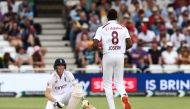 England's Harry Brook reacts after being struck by a ball from West Indies Alzarri Joseph on the third day of the second Test cricket match between England and West Indies at Trent Bridge in Nottingham on July 20, 2024. (Photo by Darren Staples / AFP)