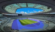 File: The new purple track at the Stade de France in Paris. (Photo by Martin Bureau/Getty Images via AFP)