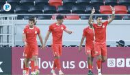 Al Shamal’s Baghdad Bounedjah (centre) celebrates with teammates after scoring a goal against Al Sadd. PIC: Rajan Vadakkemuriyil / The Peninsula 