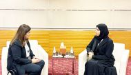 Minister of State for International Cooperation at the Ministry of Foreign Affairs H E Lolwah bin Rashid Al Khater with Minister of State for Foreign Affairs and Expatriates of the State of Palestine H E Varsen Shaheen Aghabekian in Doha yesterday.
