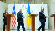 US Secretary of State Antony Blinken, Ukraine's Foreign Minister Andrii Sybiha and Britain's Foreign Secretary David Lammy arrive to address a press conference after a meeting with Ukraine's president in Kyiv, on September 11, 2024. (Photo by Mark Schiefelbein / POOL / AFP)