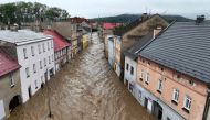 This aerial photograph taken on September 15, 2024 shows a view of the flooded streets in Glucholazy, southern Poland. Photo by Sergei GAPON / AFP