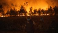 People stand watching the progression of a wildfire at Veiga village in Agueda, Aveiro on September 17, 2024. (Photo by Patricia De Melo Moreira / AFP)