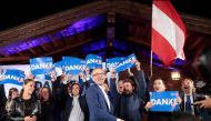 Herbert Kickl, leader and top candidate of right-wing populist Freedom Party of Austria (FPOe) is celebrated by supporters as he arrives at the party's election event after exit poll numbers where announced at the Stiegl-Ambulanz restaurant in Vienna, Austria on September 29, 2024, during Austria's general election. (Photo by Alex HALADA / AFP)
