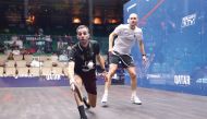 Ali Farag (left) in action against Nicolas Mueller during their quarter-final yesterday. 