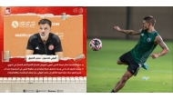 Al Arabi coach Anthony Hudson speaks during a press conference (on the left), and Al Arabi's Italian midfielder Marco Verratti during a training session (on the right).