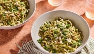 Edamame spaghetti with peas and pistachios. Photo by Tom McCorkle/For The Washington Post