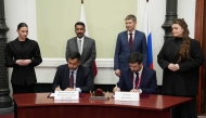 Minister of Commerce and Industry and Chairman of QFZ, H E Sheikh Faisal bin Thani bin Faisal Al-Thani and Minister of Economic Development of the Russian Federation, H E Maxim Reshetnikov witness the signing of MoU by CEO of QFZ, H E Sheikh Mohammed bin Hamad Bin Faisal Al-Thani and CEO of BIOCAD, Dmitrii Sivokoz.