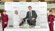 Faisal Nasser Al-Emadi, Executive Director of Commercial at United Development Company and Qatar Airways Senior Vice President Business-to-Consumer, Christophe Guittard during the signing ceremony. 