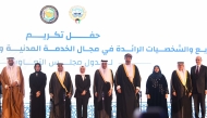 Minister of Labour H E Dr. Ali bin Smaikh Al Marri and Minister of Social Development and Family H E Buthaina bint Ali Al Jabr Al Nuaimi with other dignitaries during an event held in Kuwait to honour pioneering projects and figures in the fields of civil service, labour, and social affairs in the GCC.