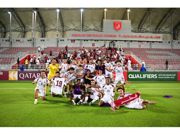 Qatar U-23 players celebrate after defeating India yesterday. 