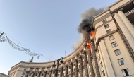 This handout photograph taken and released by Ukrainian State Emergency Service on September 7, 2025, shows a fire at the Ukrainian government building in Kyiv, following an overnight Russian attack. (Photo by Handout / Ukrainian State Emergency Service / AFP)