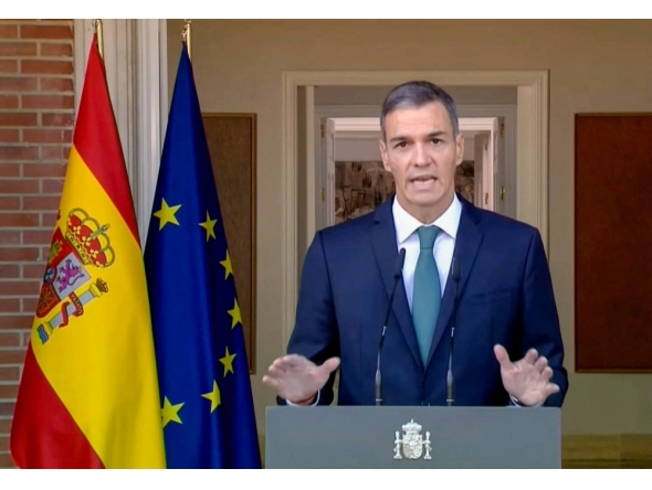 In this still image from video released on September 8, 2025 by the Moncloa Palace Spanish Prime Minister Pedro Sanchez announces several measures to 