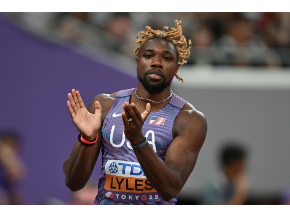 US sprinter Noah Lyles celebrates after competing in the men's 100m heats during the World Athletics Championships in Tokyo on September 13, 2025. (Photo by Andrej ISAKOVIC / AFP)