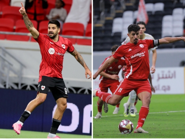 Al Rayyan’s Aleksandar Mitrovic celebrates after scoring a goal (left) and Al Shamal's Baghdad Bounedjah shoots to score a goal against 
Al Arabi. 