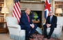 Britain's Prime Minister Keir Starmer and US President Donald Trump sit down for a bilateral meeting at Chequers, in Aylesbury, central England, on September 18, 2025. (Photo by Ian Vogler / POOL / AFP)

