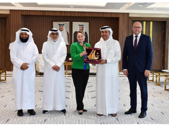 Non-Resident Ambassador of Latvia to Qatar, H E Dana Goldfinča with QC Board Member Abdulrahman bin Abduljalil Al Abdulghani, along with other officials.