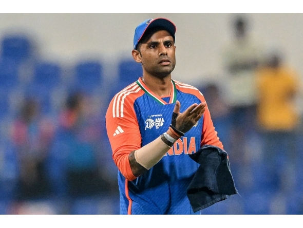 India's captain Suryakumar Yadav gestures at the end of the Asia Cup 2025 Twenty20 international cricket match between India and Oman on September 19, 2025. (Photo by Sajjad Hussain / AFP)