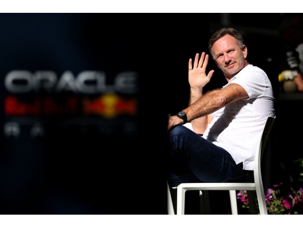 Red Bull Racing team principal Christian Horner waves at the Albert Park Circuit ahead of the Formula One Australian Grand Prix in Melbourne on March 21, 2024. Photo by Martin KEEP / AFP

