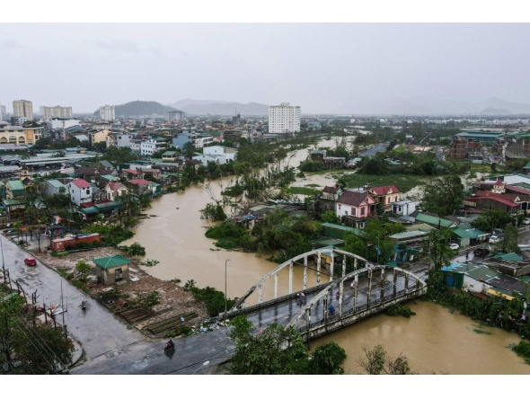 An aerial photo shows a general view after typhoon Bualoi's passage in Nghe An province on September 29, 2025. (Photo by Thai An / AFP)