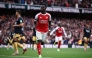 Arsenal's English midfielder #07 Bukayo Saka celebrates after scoring their second goal from the penalty spot during the English Premier League football match between Arsenal and West Ham United at the Emirates Stadium in London on October 4, 2025. (Photo by HENRY NICHOLLS / AFP)