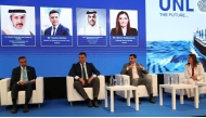 Minister of Transport H E Sheikh Mohammed bin Abdulla bin Mohammed Al Thani speaking at a session.