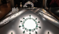 This photograph shows Le collier et les boucles d'oreilles de la parure d'émeraudes de l'impératrice Marie-Louise (necklace and earrings of the set of jewelry of Empress Marie-Louise) displayed at Apollon's Gallery on January 14, 2020 at the Louvre museum in Paris after the reopening of the Gallery following ten months of renovations. (Photo by Stephane De Sakutin / AFP)