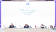 Minister of State for Energy Affairs, H E Saad Sherida Al-Kaabi; Minister of Oil and Gas in the Government of National Unity of Libya, President of 27th GECF Ministerial Meeting, H E Khalifa Rajab Abdulsadiq; and GECF Secretary General Eng. Mohamed Hamel during the meeting, yesterday.
