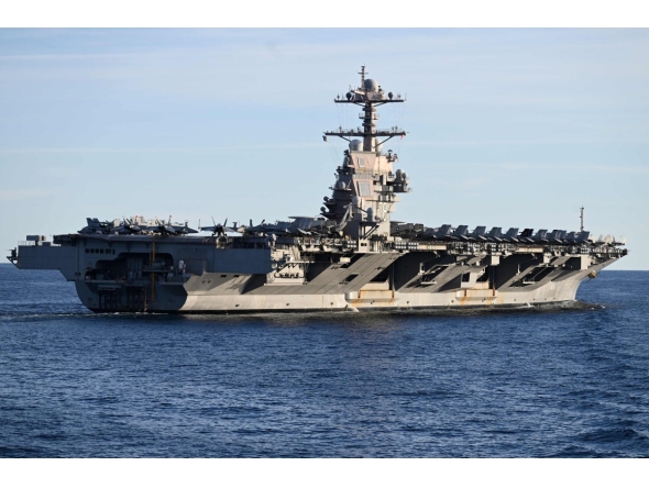 (FILES) The USS Gerald R. Ford, the world's largest aircraft carrier, seen in the North Sea during NATO Neptune Strike 2025 exercise on September 24, 2025 in the North Sea. (Photo by Jonathan KLEIN / AFP)

