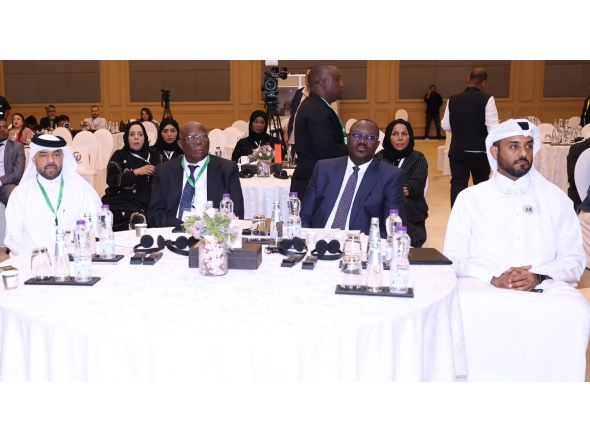Ambassador of Uganda to Qatar, H E Dr. Stephen Chemoiko Chebrot, Permanent Secretary of the Ministry of Foreign Affairs in Uganda, Bagiire Vincent with other officials during the event, yesterday. PIC: Rajan Vadakkemuriyil