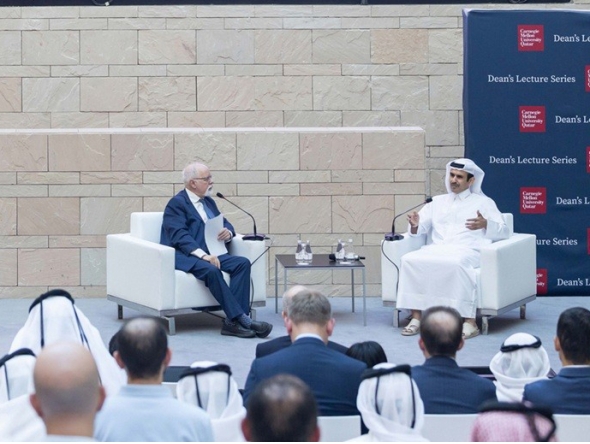 Minister of State for Energy Affairs and the President and CEO of QatarEnergy, H E Saad Sherida Al-Kaabi; and CMU-Q Dean Michael Trick in conversation at the latest edition of Dean’s Lecture Series. 