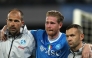 Napoli's Belgian midfielder #11 Kevin De Bruyne leaves the pitch after an injury on a penalty kick during the Italian Serie A football match between Napoli and Inter Milan at the Diego Armando Maradona stadium in Naples on October 25, 2025. (Photo by Carlo Hermann / AFP)