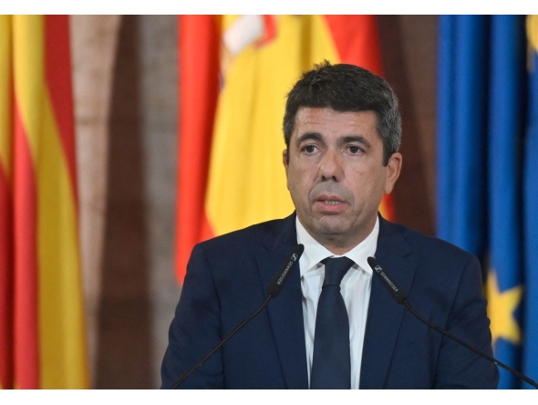 President of Valencia's Region Carlos Mazon gives a press conference to announce his resignation at Valencia's Palau de la Generalitat on November 3, 2025. Photo by Jose JORDAN / AFP