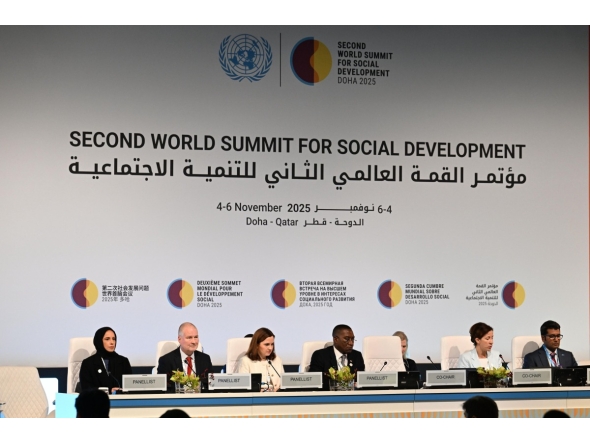 Minister for Social Development and Family, H E Buthaina bint Ali Al Jabr Al Nuaimi (first left), and other panellists at the final round-table discussion at the social development summit. 