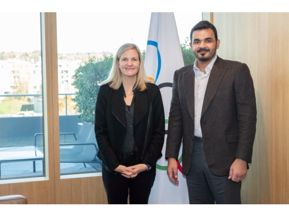 Qatar Olympic Committee President H E Sheikh Joaan bin Hamad Al Thani with International Olympic Committee President Kirsty Coventry in Lausanne, Switzerland. 