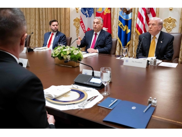 Hungarian Prime Minister Viktor Orban (C) speaks as US Vice President JD Vance (L) and President Donald Trump (R) look on during a meeting in the Cabinet Room of the White House in Washington, DC on November 7, 2025. (Photo by Saul Loeb / AFP)