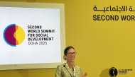 Francine Pickup addressing a session at the summit in Doha. 