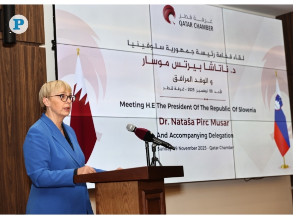 President of the Republic of Slovenia H E Dr. Natasa Pirc Musar delivering the opening speech at the Slovenian Business Meeting, yesterday. Pic by: Salim Matramkot/ The Peninsula