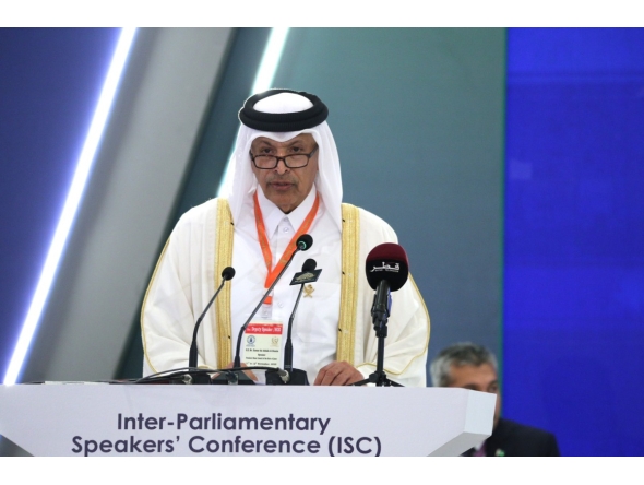 Shura Council Speaker H E Hassan bin Abdullah Al Ghanim addressing the Inter-Parliamentary Speakers’ Conference in Islamabad.